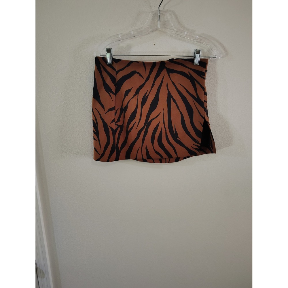 Bershka Tiger Print Mini Skirt Rust Brown Black Animal Stripe Side Slit Small